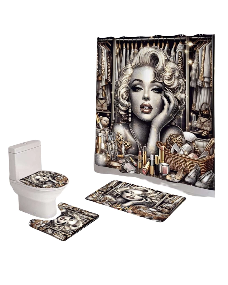 JUEGO DE BAÑO COMPLETO 5 PIEZAS CORTINA DE TELA Y FORRO DE DUCHA - 5