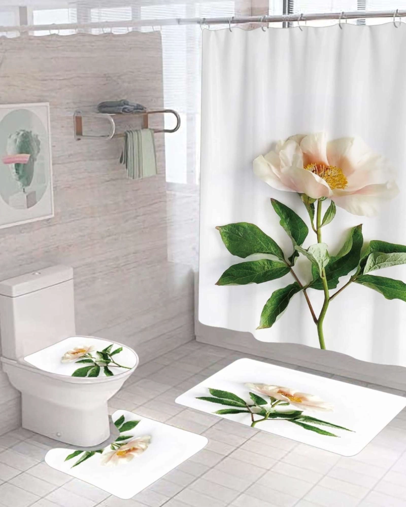 JUEGO DE BAÑO COMPLETO 5 PIEZAS CORTINA DE TELA Y FORRO DE DUCHA - 1