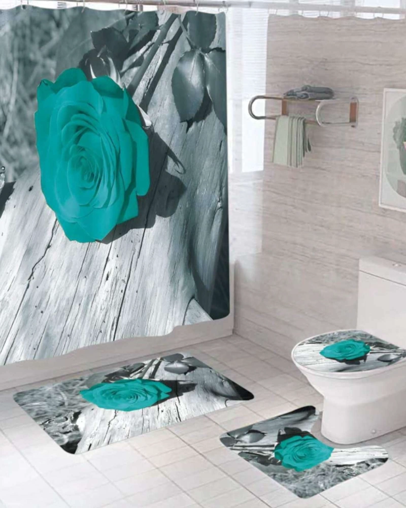 JUEGO DE BAÑO COMPLETO 5 PIEZAS CORTINA DE TELA Y FORRO DE DUCHA - 1
