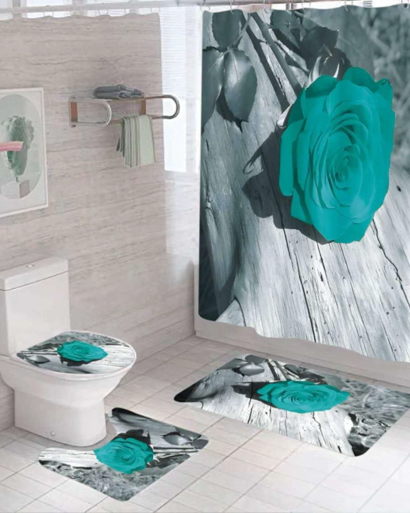 JUEGO DE BAÑO COMPLETO 5 PIEZAS CORTINA DE TELA Y FORRO DE DUCHA - 6