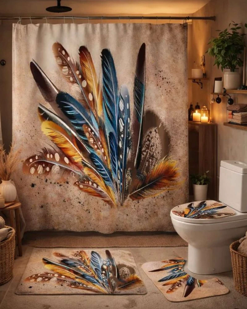 JUEGO DE BAÑO COMPLETO 5 PIEZAS CORTINA DE TELA Y FORRO DE DUCHA - 1