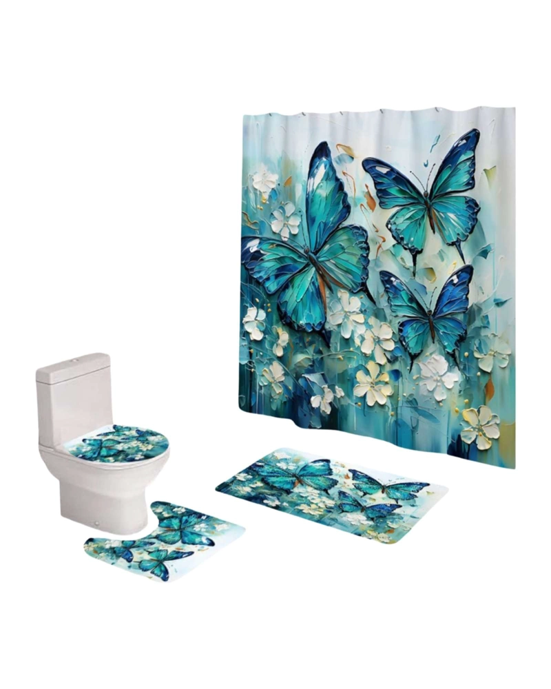 JUEGO DE BAÑO COMPLETO 5 PIEZAS CORTINA DE TELA Y FORRO DE DUCHA - 2