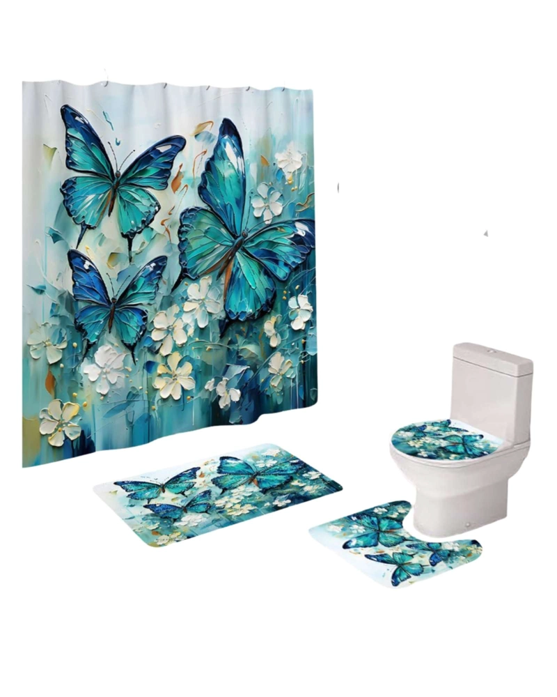 JUEGO DE BAÑO COMPLETO 5 PIEZAS CORTINA DE TELA Y FORRO DE DUCHA - 4