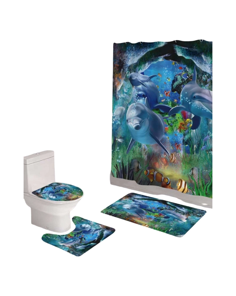 JUEGO DE BAÑO COMPLETO 5 PIEZAS CORTINA DE TELA Y FORRO DE DUCHA - 4
