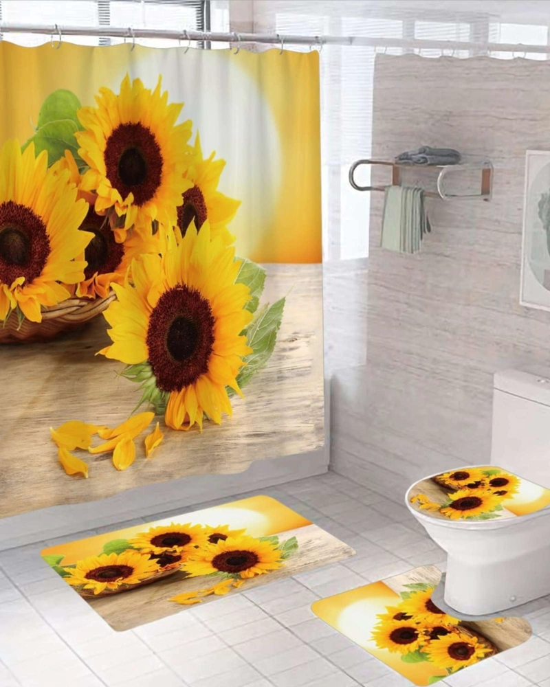 JUEGO DE BAÑO COMPLETO 5 PIEZAS CORTINA DE TELA Y FORRO DE DUCHA - 4