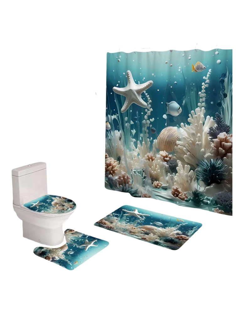 JUEGO DE BAÑO COMPLETO 5 PIEZAS CORTINA DE TELA Y FORRO DE DUCHA - 5