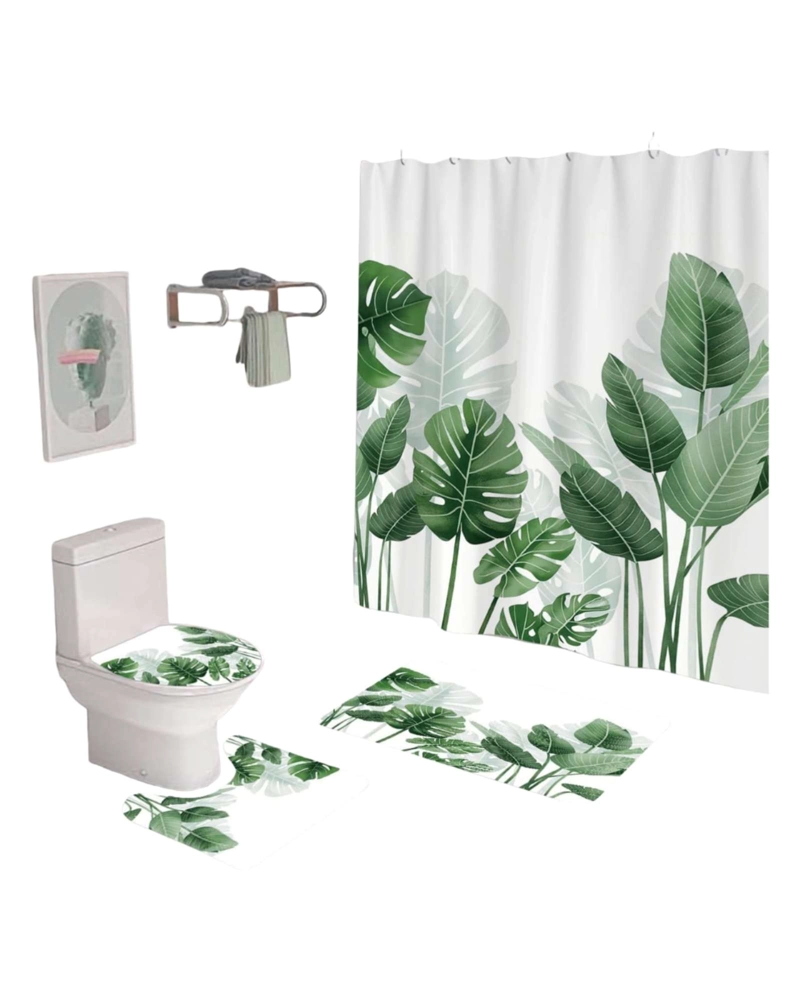 JUEGO DE BAÑO COMPLETO 5 PIEZAS CORTINA DE TELA Y FORRO DE DUCHA - 2
