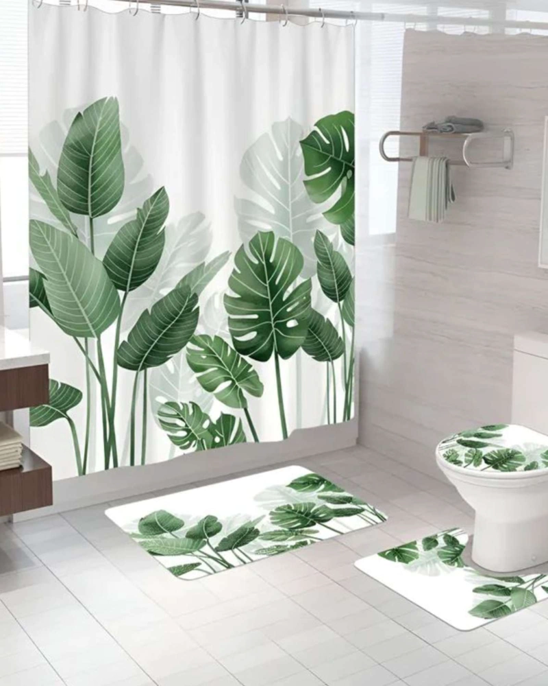 JUEGO DE BAÑO COMPLETO 5 PIEZAS CORTINA DE TELA Y FORRO DE DUCHA - 4