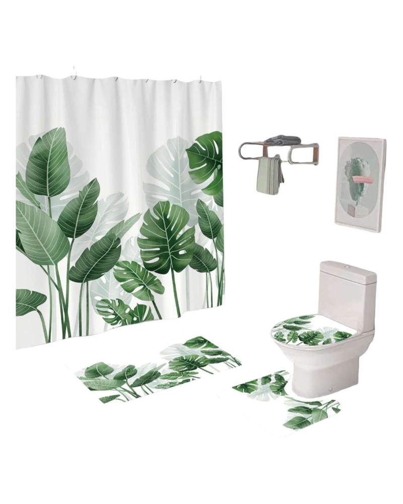 JUEGO DE BAÑO COMPLETO 5 PIEZAS CORTINA DE TELA Y FORRO DE DUCHA - 5