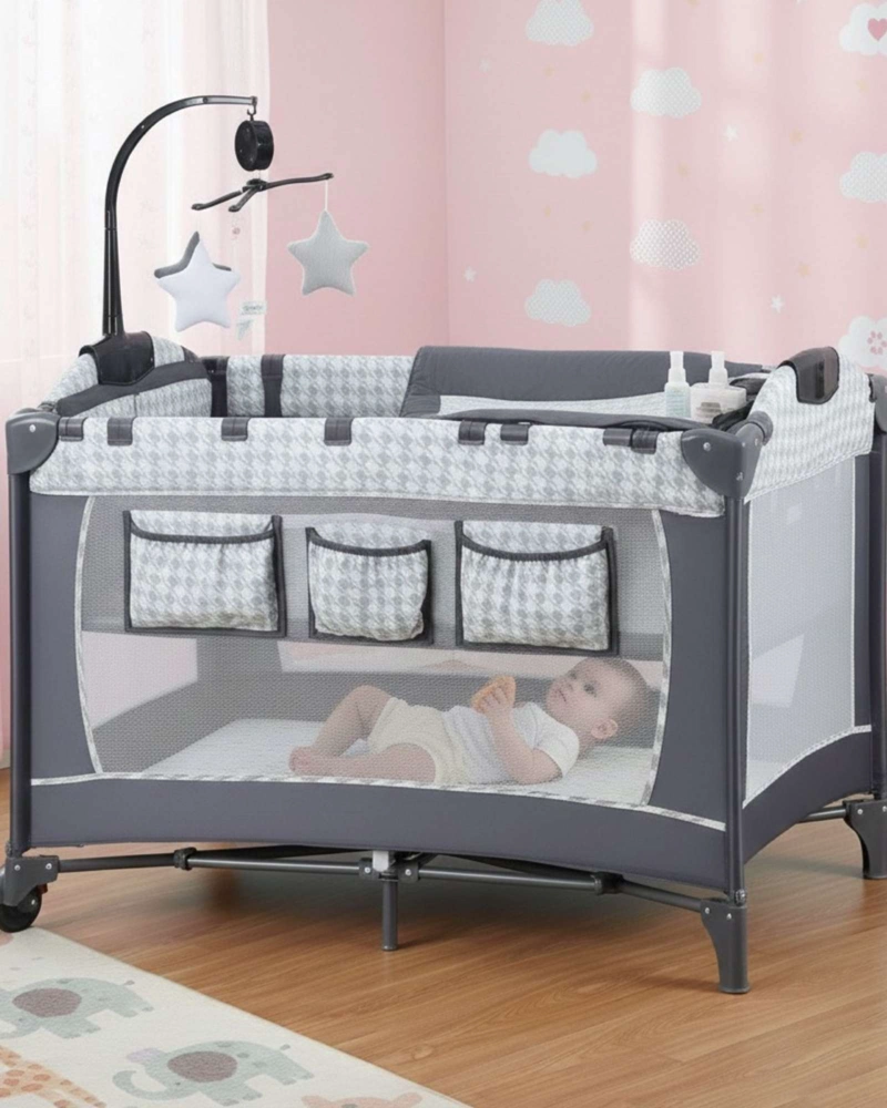 CORRAL CUNA PACK & PLAY 3 EN 1 CON MUDADOR MOVIL Y ORGANIZADOR GRIS HOUNDSTOOTH - 4