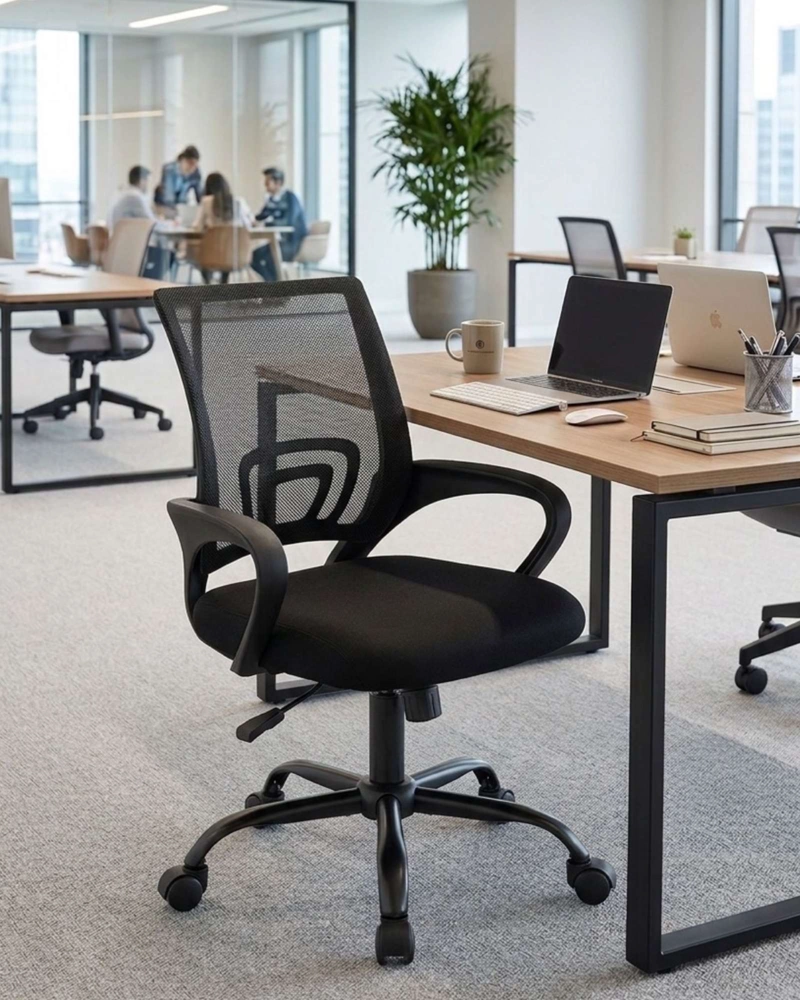 SILLA DE OFICINA ERGONOMICA CON RESPALDO DE MALLA Y BASE CROMADA - 1