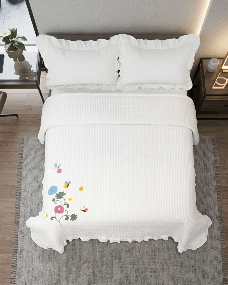 QUILT CUBRECAMA  VERANO ESTAMPADO FLORAL CON BOBOS 2 PLAZAS - 2