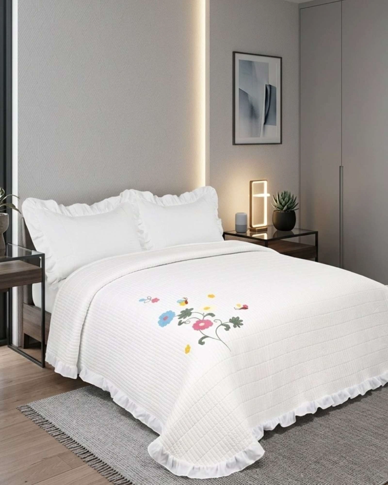 QUILT CUBRECAMA  VERANO ESTAMPADO FLORAL CON BOBOS 2 PLAZAS - 3