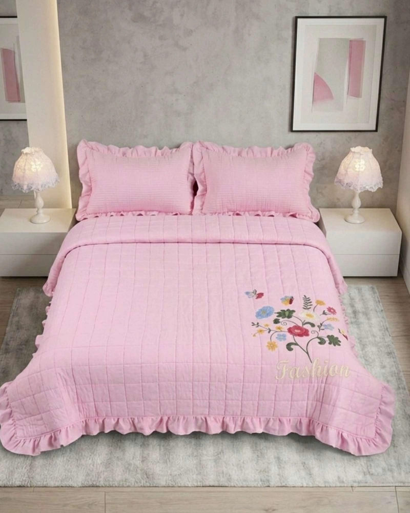 QUILT CUBRECAMA  VERANO ESTAMPADO FLORAL CON BOBOS 2 PLAZAS - 1