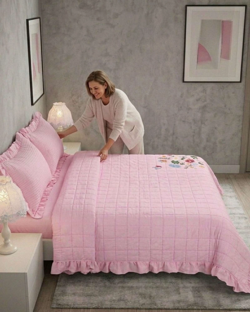 QUILT CUBRECAMA  VERANO ESTAMPADO FLORAL CON BOBOS 2 PLAZAS - 2