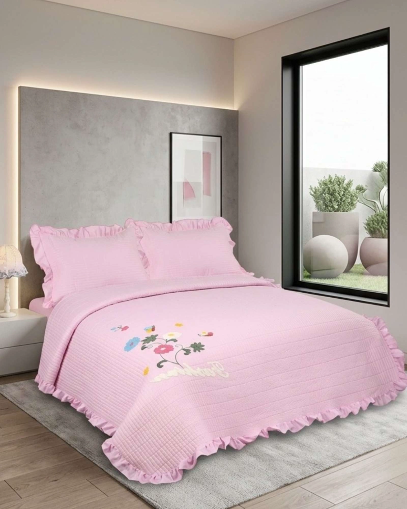 QUILT CUBRECAMA  VERANO ESTAMPADO FLORAL CON BOBOS 2 PLAZAS - 3