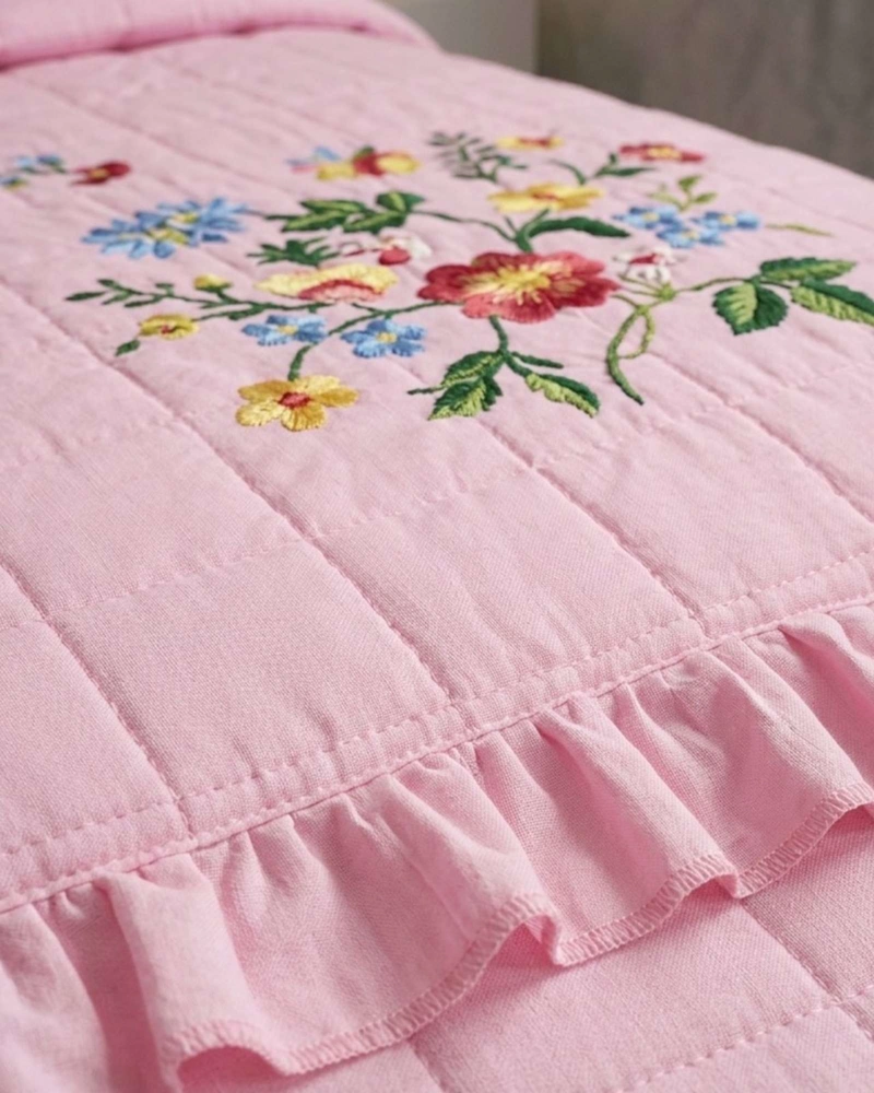 QUILT CUBRECAMA  VERANO ESTAMPADO FLORAL CON BOBOS 2 PLAZAS - 4