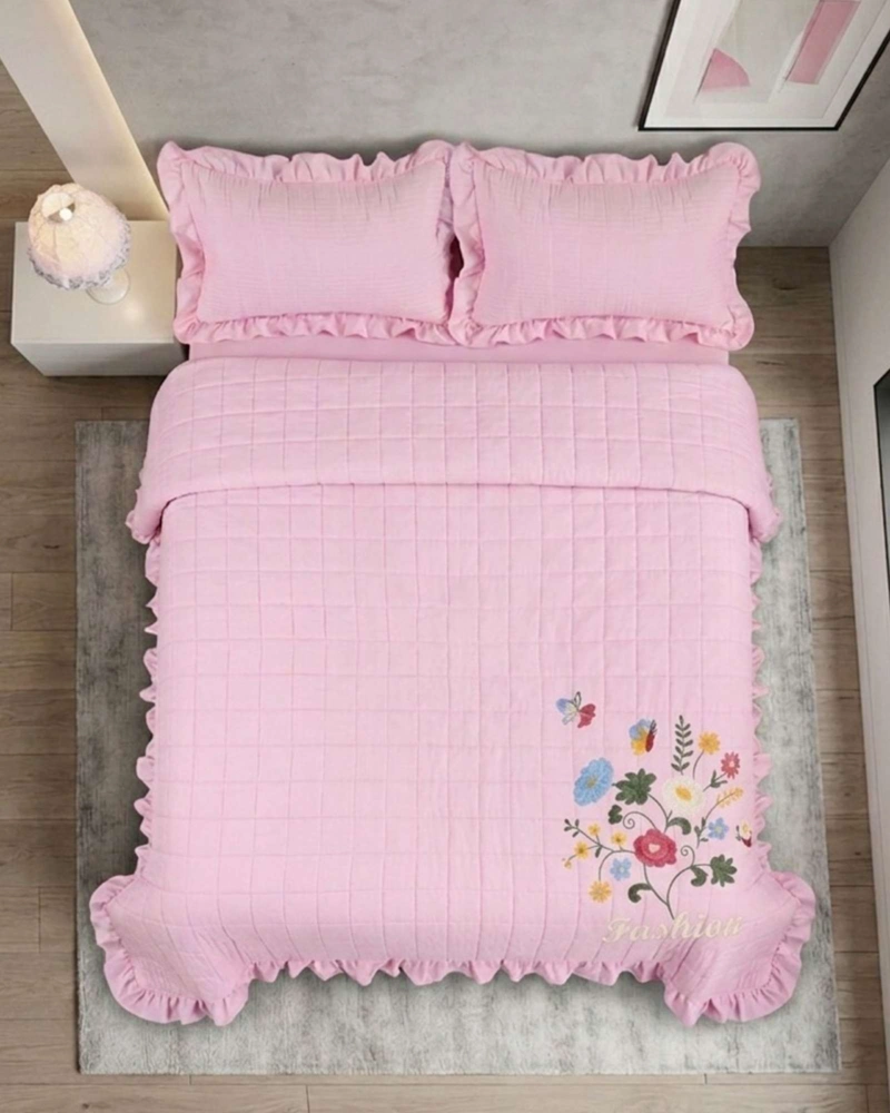 QUILT CUBRECAMA  VERANO ESTAMPADO FLORAL CON BOBOS 2 PLAZAS - 5
