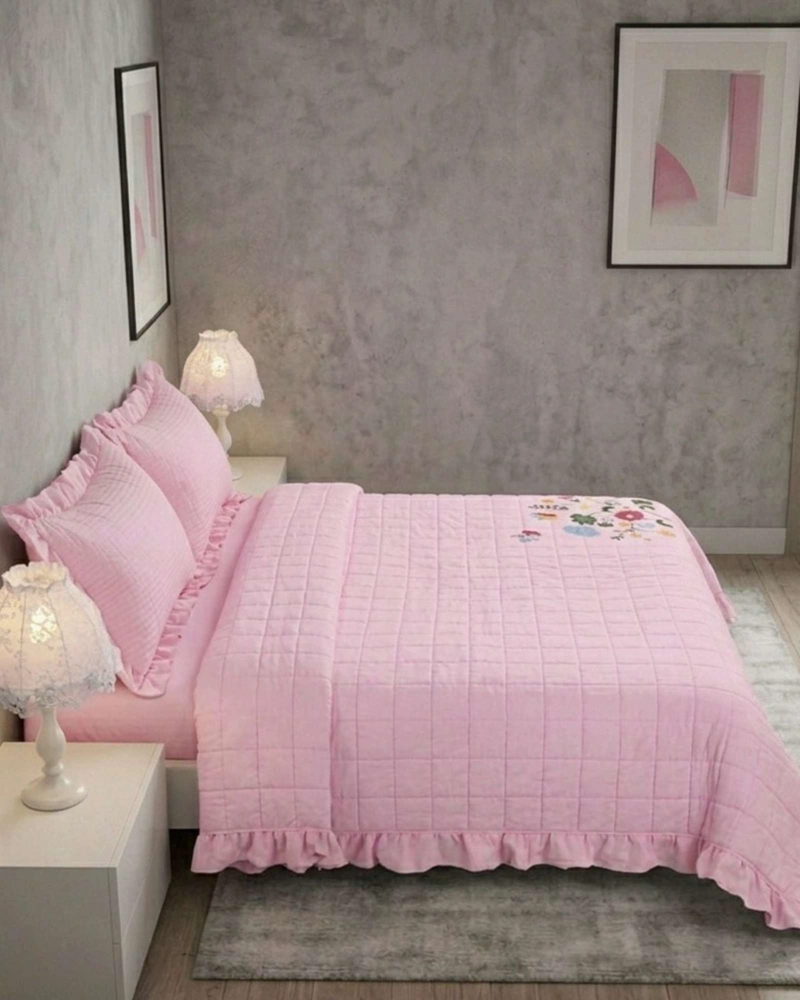 QUILT CUBRECAMA  VERANO ESTAMPADO FLORAL CON BOBOS 2 PLAZAS - 6