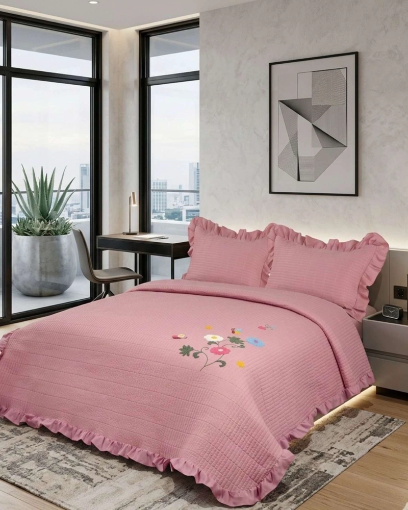 QUILT CUBRECAMA  VERANO ESTAMPADO FLORAL CON BOBOS 2 PLAZAS - 1