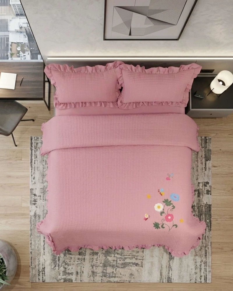 QUILT CUBRECAMA  VERANO ESTAMPADO FLORAL CON BOBOS 2 PLAZAS - 6