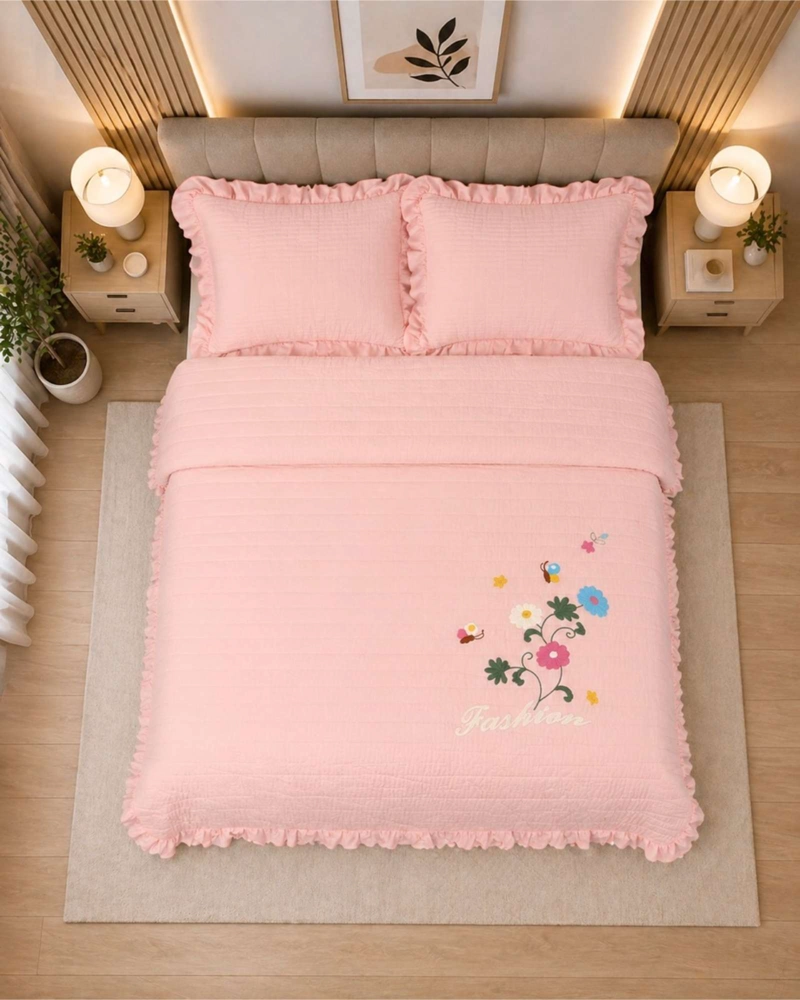 QUILT CUBRECAMA  VERANO ESTAMPADO FLORAL CON BOBOS 2 PLAZAS - 2