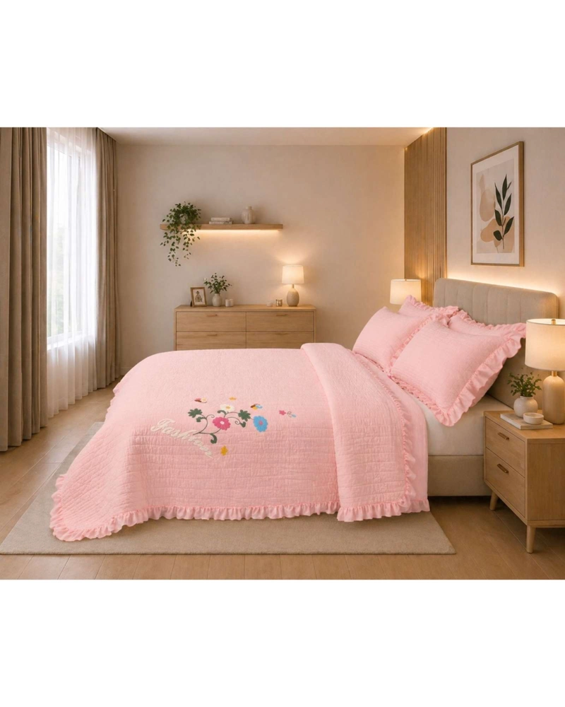 QUILT CUBRECAMA  VERANO ESTAMPADO FLORAL CON BOBOS 2 PLAZAS - 3