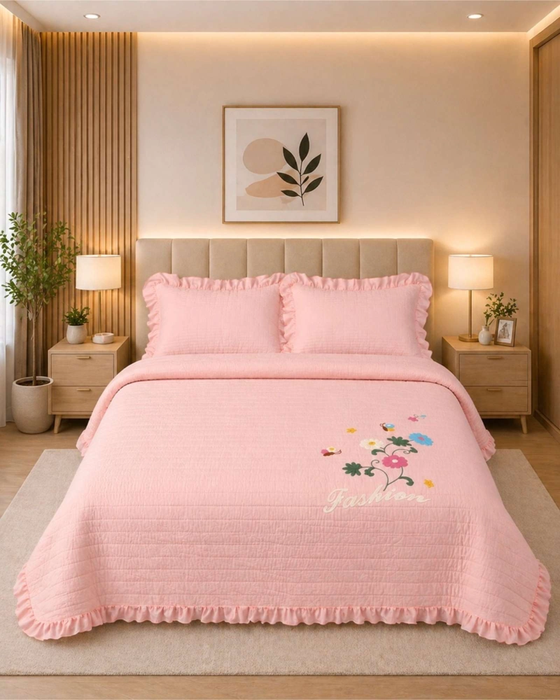QUILT CUBRECAMA  VERANO ESTAMPADO FLORAL CON BOBOS 2 PLAZAS - 5