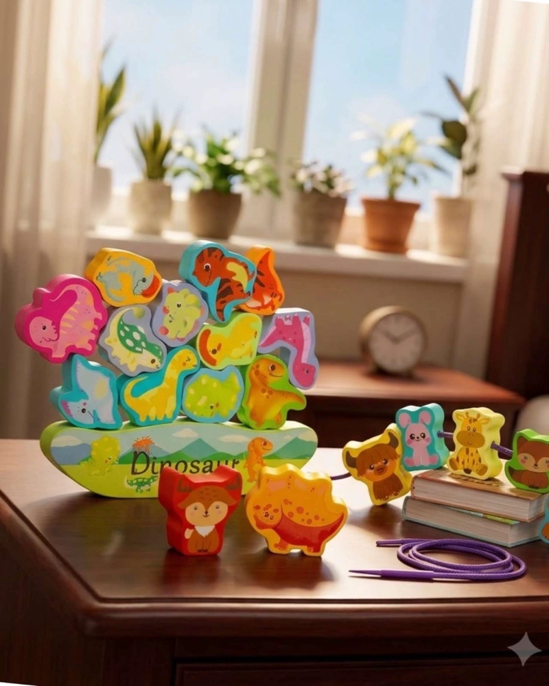 JUEGO DE EQUILIBRIO Y ENHEBRADO MONTESSORI DINOSAURIOS DE MADERA - 3