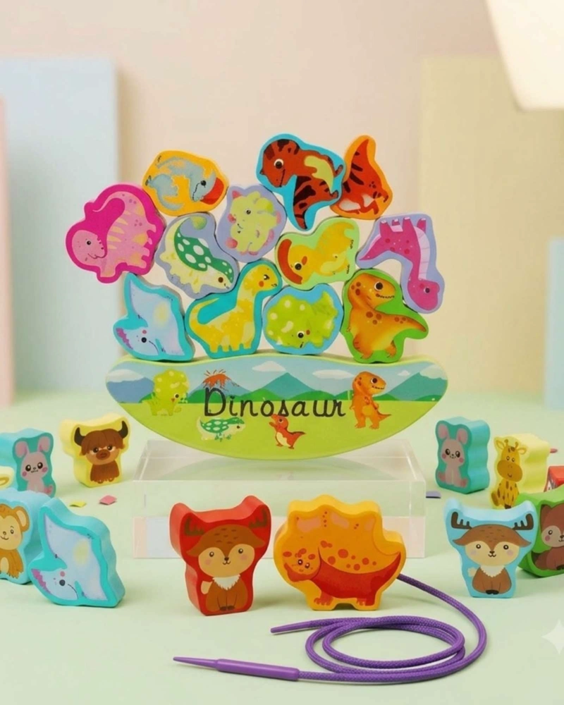 JUEGO DE EQUILIBRIO Y ENHEBRADO MONTESSORI DINOSAURIOS DE MADERA - 4