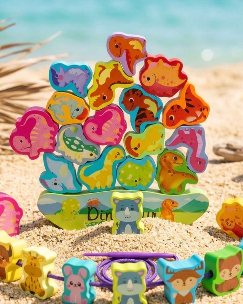 JUEGO DE EQUILIBRIO Y ENHEBRADO MONTESSORI DINOSAURIOS DE MADERA - 6