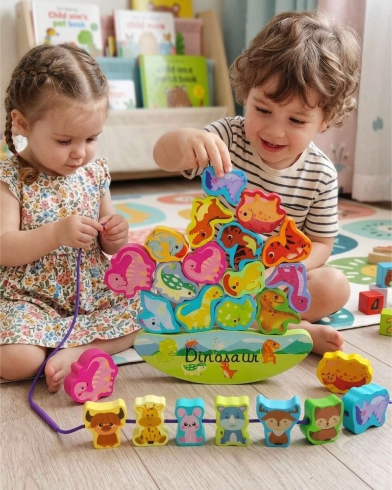 JUEGO DE EQUILIBRIO Y ENHEBRADO MONTESSORI DINOSAURIOS DE MADERA - 7