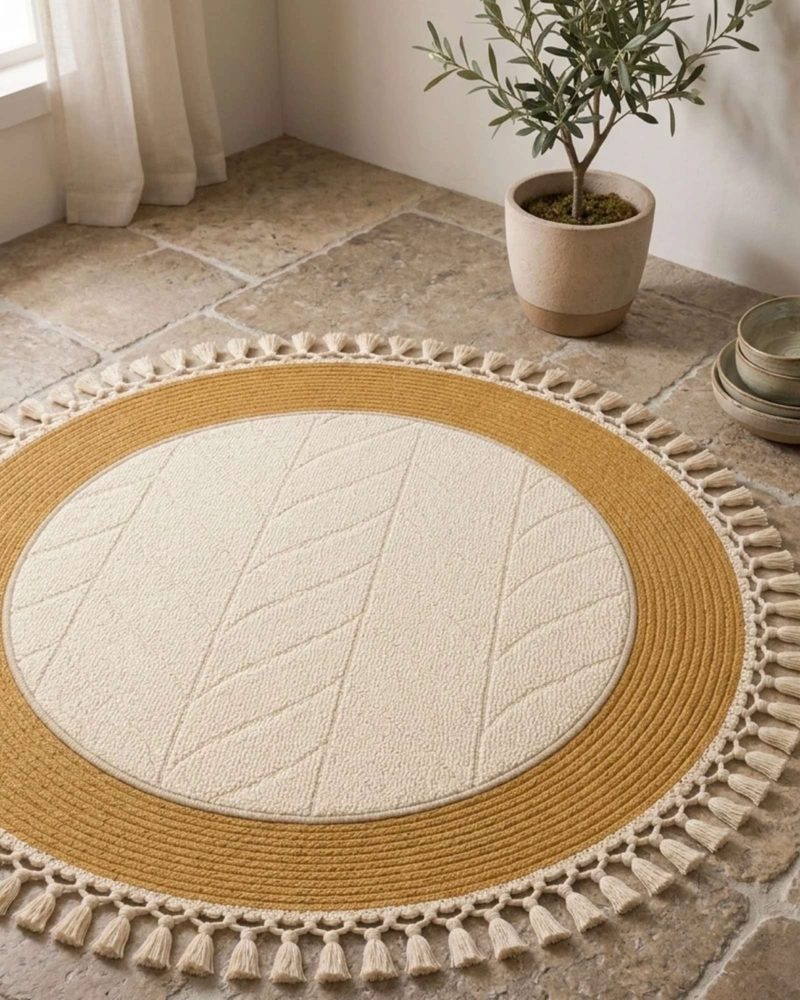 ALFOMBRA REDONDA ESTILO BOHO CHIC CON FLECOS TEXTURA SISAL 80CM - 1