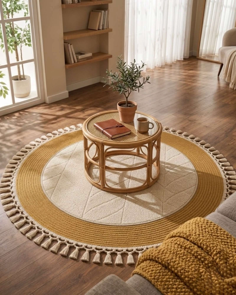 ALFOMBRA REDONDA ESTILO BOHO CHIC CON FLECOS TEXTURA SISAL 80CM - 3