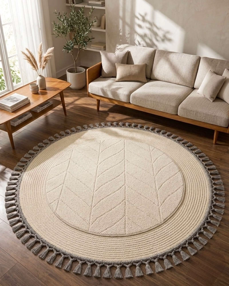 ALFOMBRA REDONDA ESTILO BOHO CHIC CON FLECOS TEXTURA SISAL 80CM - 1