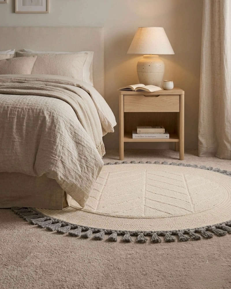 ALFOMBRA REDONDA ESTILO BOHO CHIC CON FLECOS TEXTURA SISAL 80CM - 2