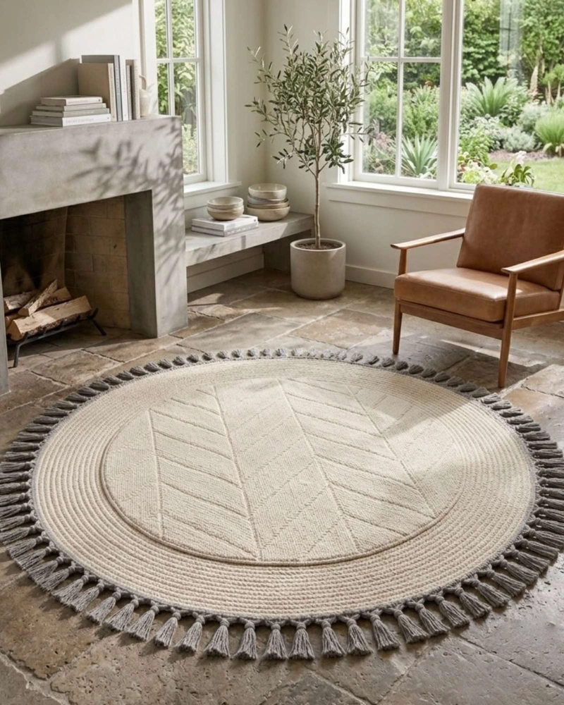 ALFOMBRA REDONDA ESTILO BOHO CHIC CON FLECOS TEXTURA SISAL 80CM - 3