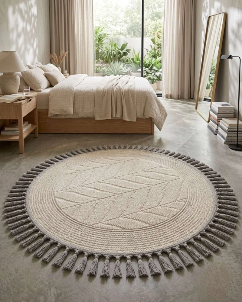ALFOMBRA REDONDA ESTILO BOHO CHIC CON FLECOS TEXTURA SISAL 80CM - 4
