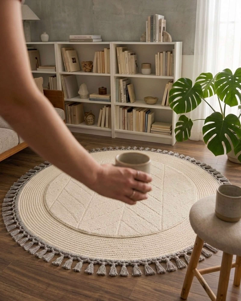 ALFOMBRA REDONDA ESTILO BOHO CHIC CON FLECOS TEXTURA SISAL 80CM - 5