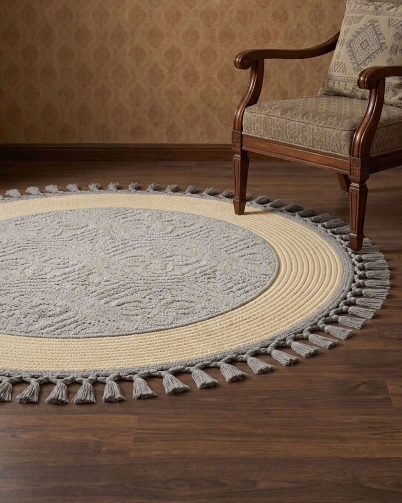 ALFOMBRA REDONDA ESTILO BOHO CHIC CON FLECOS TEXTURA SISAL 80CM - 1