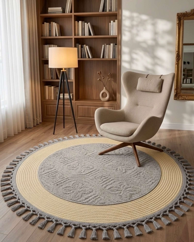 ALFOMBRA REDONDA ESTILO BOHO CHIC CON FLECOS TEXTURA SISAL 80CM - 2