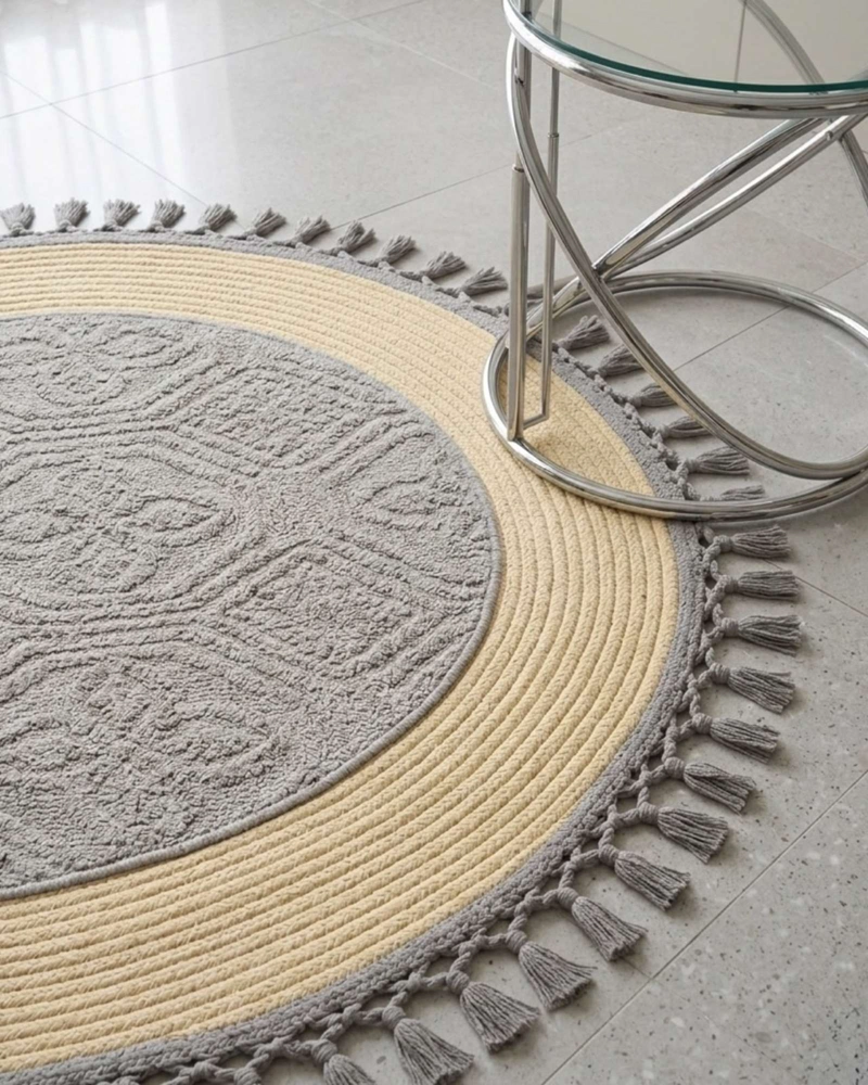 ALFOMBRA REDONDA ESTILO BOHO CHIC CON FLECOS TEXTURA SISAL 80CM - 3