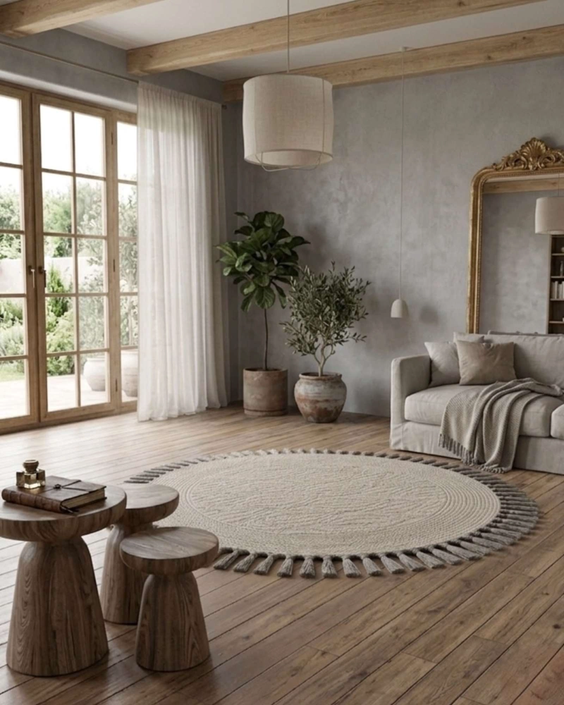 ALFOMBRA REDONDA ESTILO BOHO CHIC CON FLECOS TEXTURA SISAL 80CM - 1