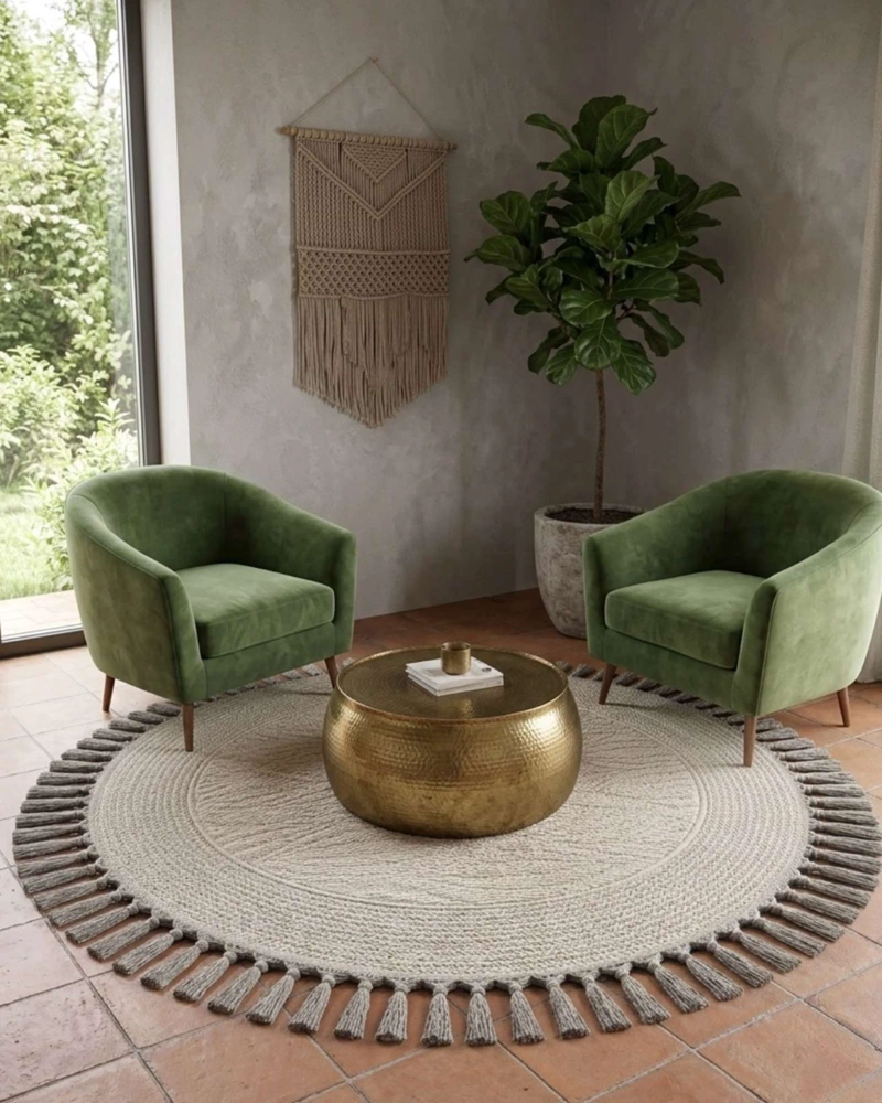 ALFOMBRA REDONDA ESTILO BOHO CHIC CON FLECOS TEXTURA SISAL 80CM - 2