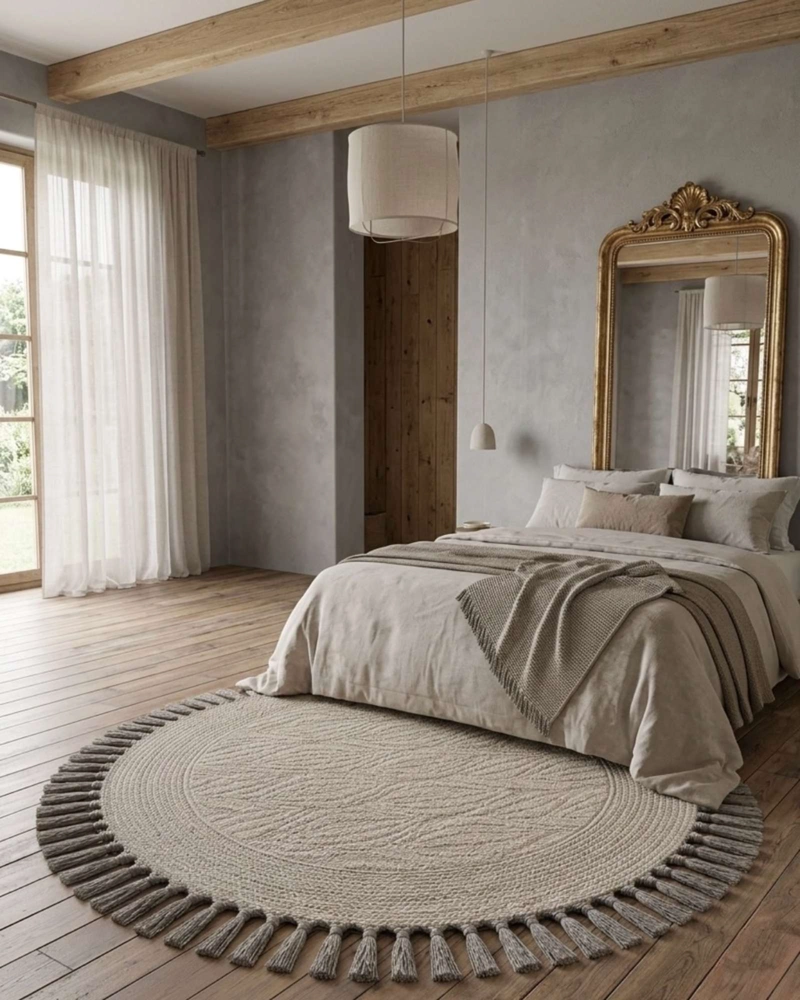 ALFOMBRA REDONDA ESTILO BOHO CHIC CON FLECOS TEXTURA SISAL 80CM - 3