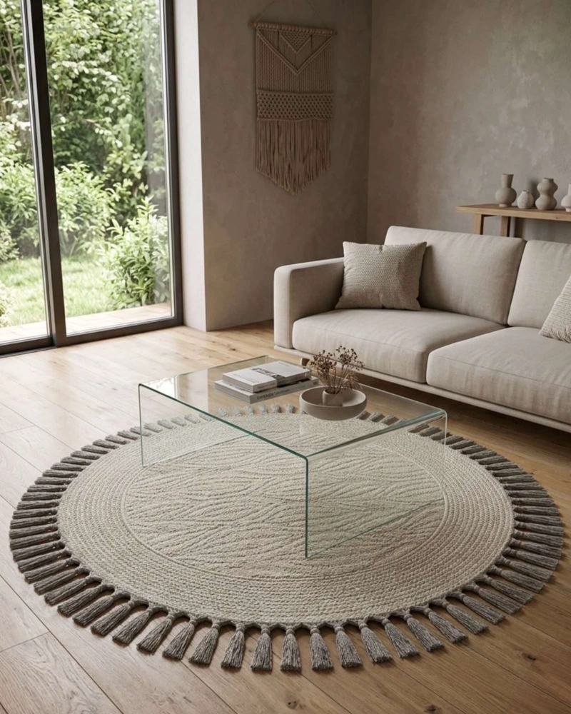 ALFOMBRA REDONDA ESTILO BOHO CHIC CON FLECOS TEXTURA SISAL 80CM - 4
