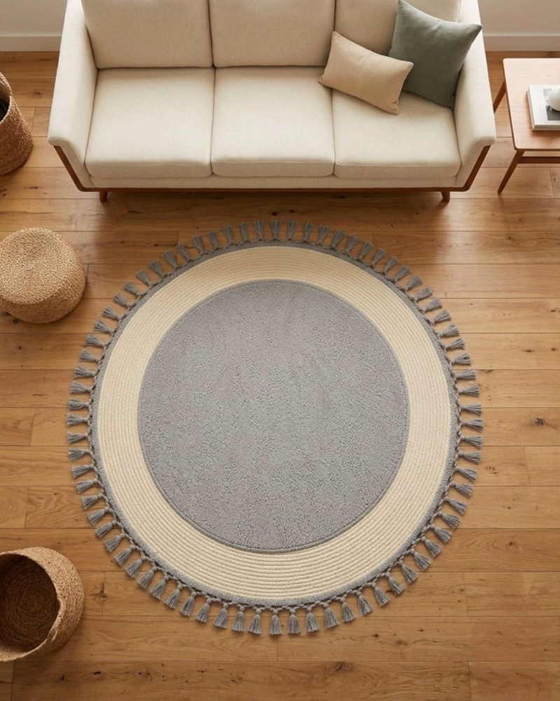 ALFOMBRA REDONDA ESTILO BOHO CHIC CON FLECOS TEXTURA SISAL 80CM - 1