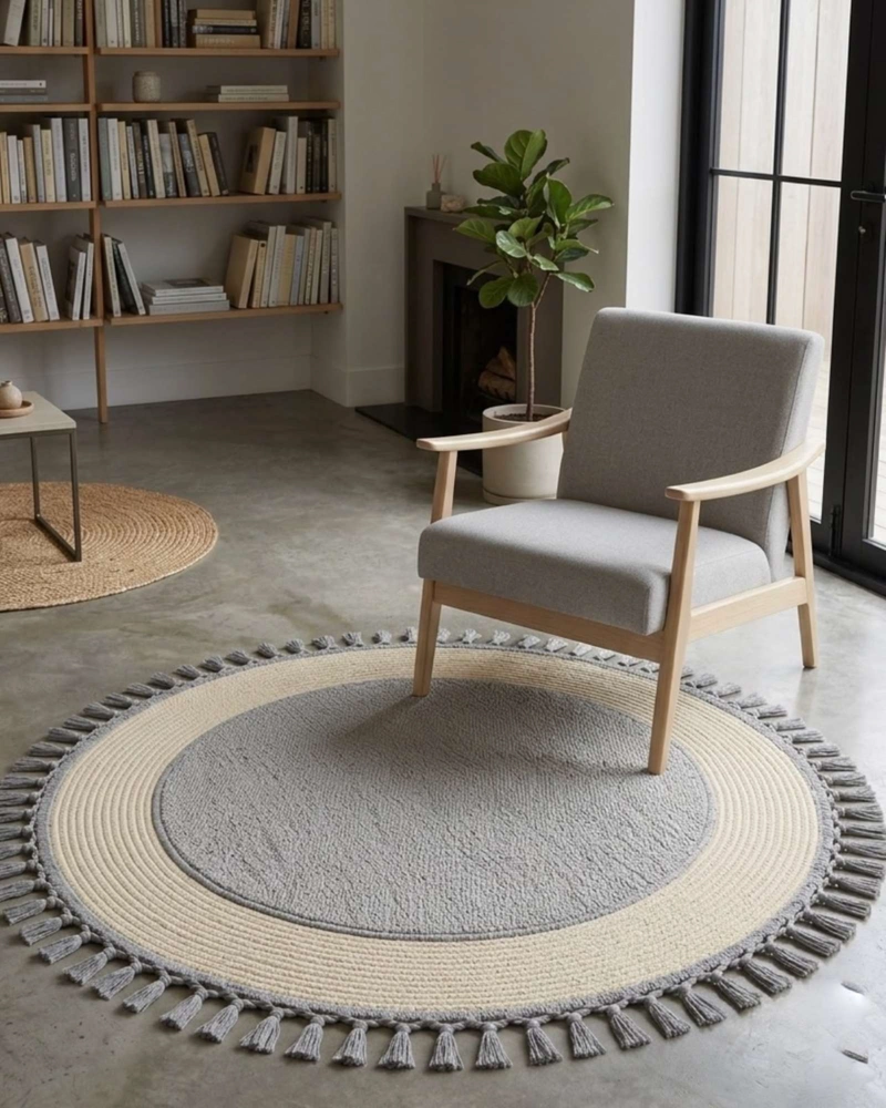 ALFOMBRA REDONDA ESTILO BOHO CHIC CON FLECOS TEXTURA SISAL 80CM - 2
