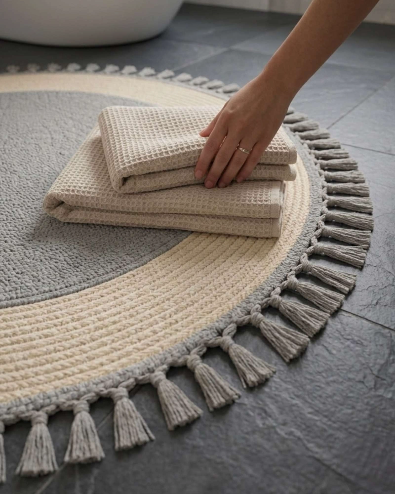 ALFOMBRA REDONDA ESTILO BOHO CHIC CON FLECOS TEXTURA SISAL 80CM - 3