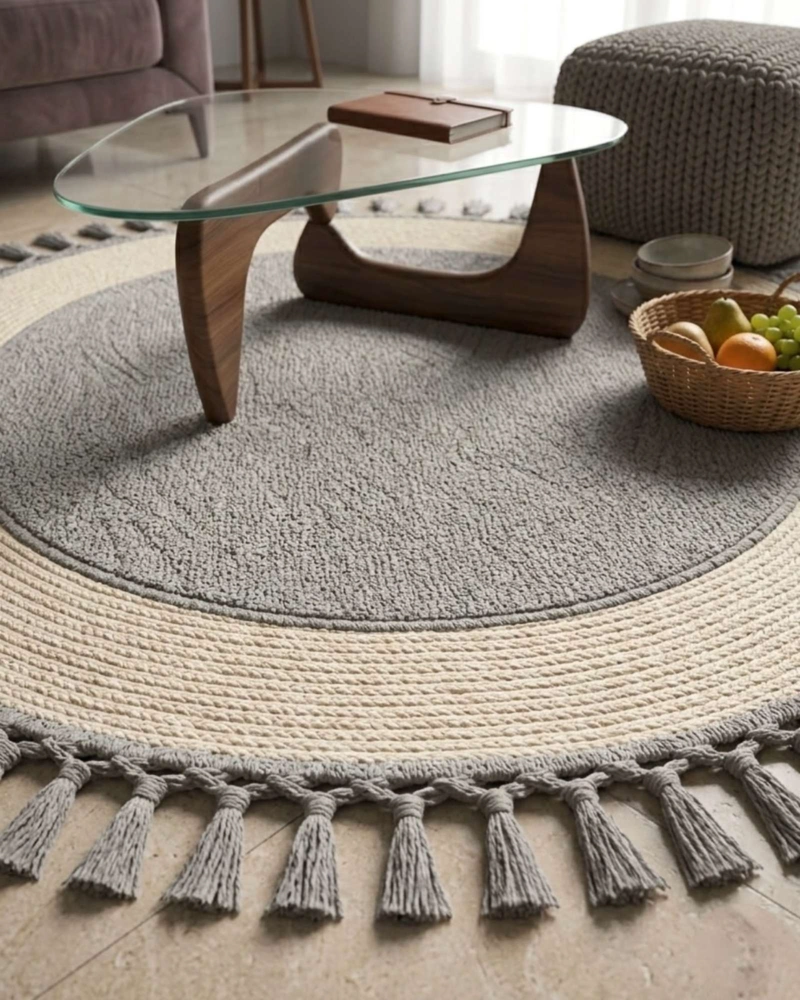 ALFOMBRA REDONDA ESTILO BOHO CHIC CON FLECOS TEXTURA SISAL 80CM - 4